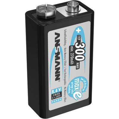 9-Volt-batterij, merk Ansmann, type 300 mWh, E-blok 6F22. Geschikt voor apparaten met gemiddeld stroomverbruik.