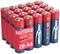Verpakking met twintig AA-alkalibatterijen, rode en blauwe behuizingen, met opschrift 'Alkaline Batterij, German Quality Check'.