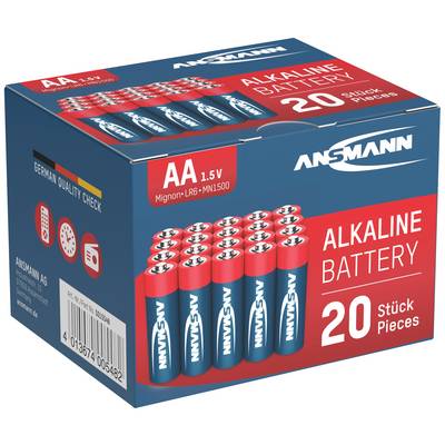 'AA Alkaline-batterijen, 1,5V, 20 stuks, hoogwaardige kwaliteit, merk Ansmann.' De verpakking toont gestapelde batterijen.