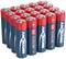Een stapel van 16 AA-alkalibatterijen, rechtop staand, met rode pluspool en blauwe behuizing, gemarkeerd met 'ANSMANN' en 'ALKALINE'.