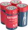 Vier rode alkalinebatterijen van het formaat D met het opschrift 'ALKALINE BATTERIJ 4xD'.