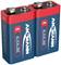 Twee blauwe 9-volt-batterijen met rode rand, merk Ansmann, met de aanduiding 'Alkaline'.