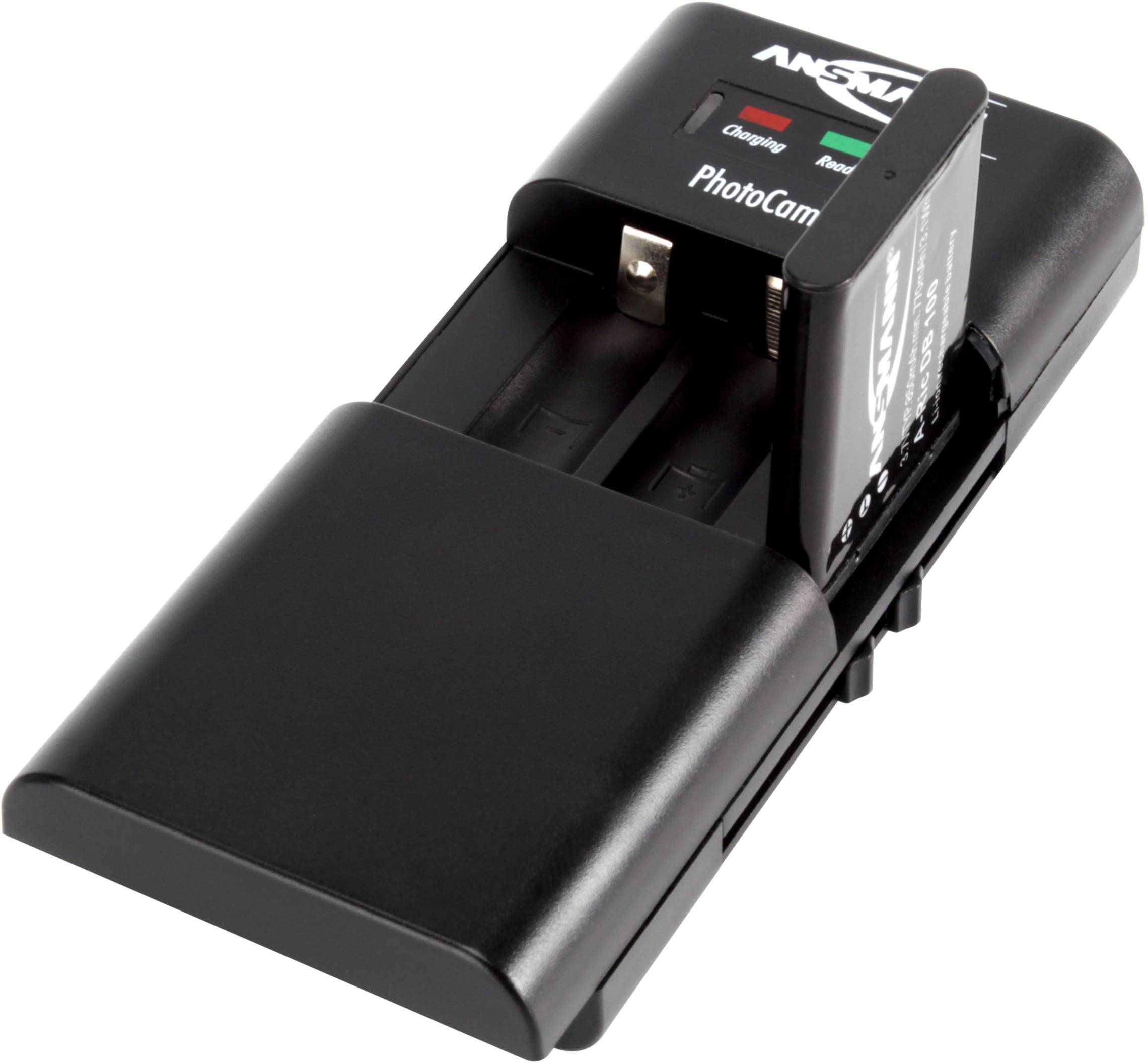 Een zwarte accuoplader met ruimte voor twee batterijen. Eén batterij is geplaatst. Indicatoren voor 'Laden', 'Gereed', 'Fout' zijn zichtbaar.