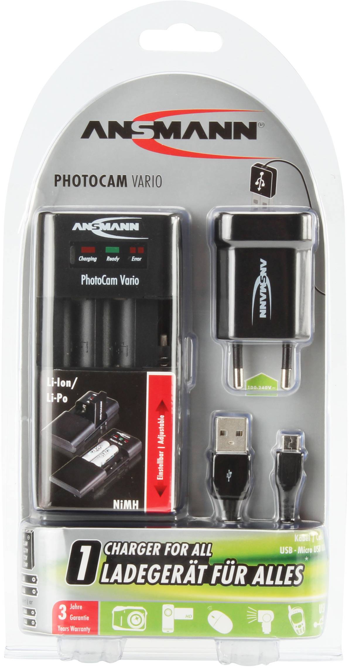 'ANSMANN PhotoCam Vario Oplader' in blisterverpakking. Bevat adapters, kabel en oplader voor verschillende accutypen.