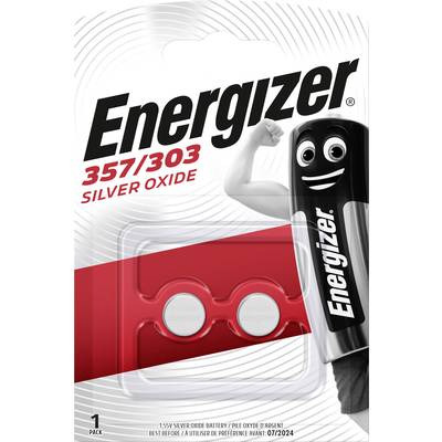 Energizer-verpakking met twee zilveroxide-batterijen, model 357/303. Emblematische mascotte rechts. Vervaldatum: 07/2024.