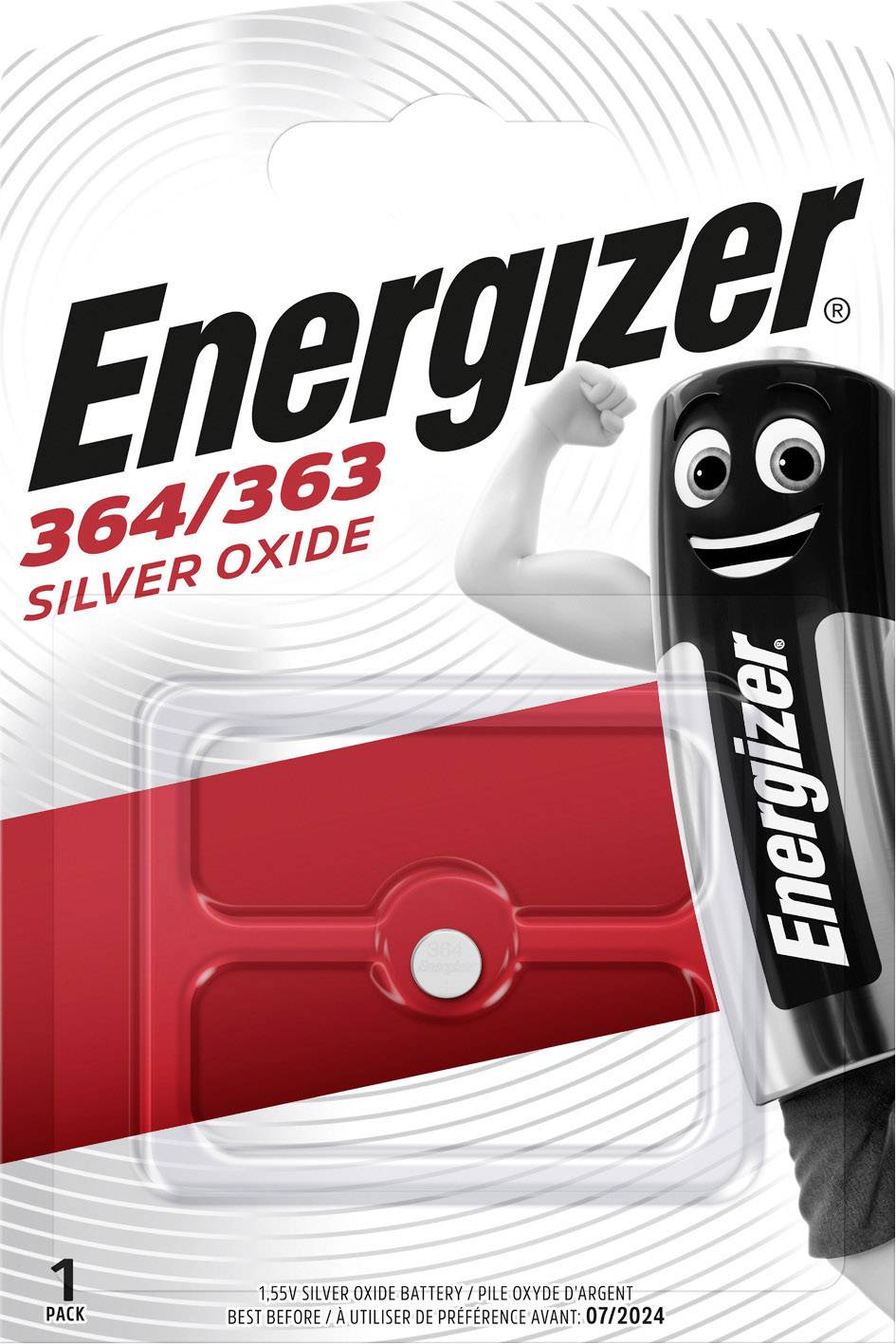 Energizer Zilveroxide Batterij 364/363, afbeelding van een batterijfiguur met opgeheven arm, witte achtergrond, verpakkingsinstructies onderaan.