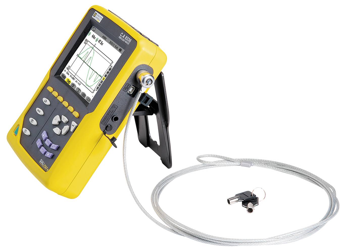 Draagbaar oscilloscoop in een geel behuizing met kabel en sonde. Het scherm toont een golfvormweergave. Geschikt voor technische metingen.
