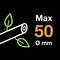 Een symbool met een houtstuk en bladeren, vergezeld van de aanduiding 'Max 50 Ø mm', wat een maximale diameter van 50 mm aangeeft.