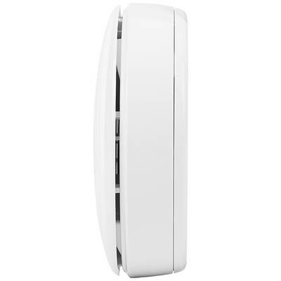 Een zijdelings afgebeelde rookmelder die aan de muur wordt gemonteerd. Hij is wit en compact, geschikt voor huishoudelijk gebruik.