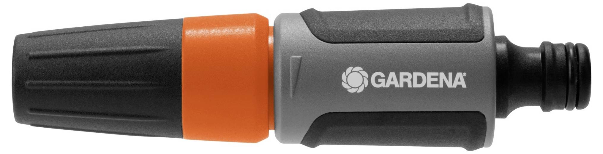 Gardena slangaansluiting in zwart en grijs met oranje ring. Hij is bedoeld voor het snel en eenvoudig aansluiten van tuinslangen.