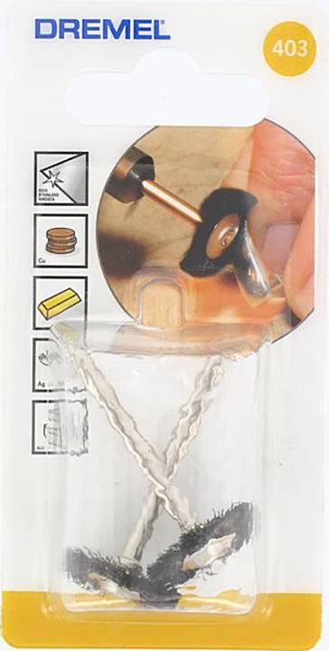 Verpakking voor Dremel-slijpschijfopzetstuk (Model 403) met afbeelding van gebruik bij houtbewerking. Bevat twee opzetstukken.
