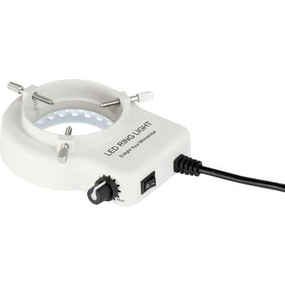Ringvormige LED-verlichting voor microscoop, met aan/uit-schakelaar en helderheidsregeling. Aansluitingen voor veilige bevestiging aanwezig.