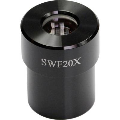 Een zwart objectief met het opschrift 'SWF20X', vermoedelijk een microscoopopjectief dat wordt gebruikt voor vergrotingen.