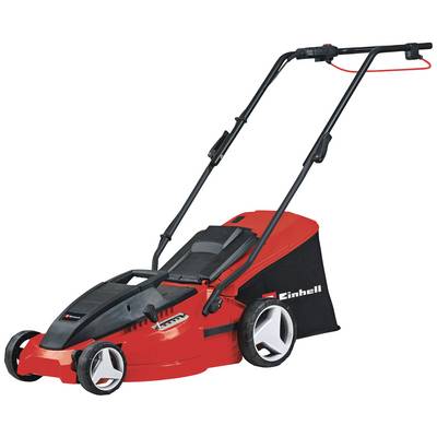 Rode grasmaaier met zwarte wielen en handgrepen, merk 'Einhell'. Zijaanzicht toont grasvangbak aan de achterkant.