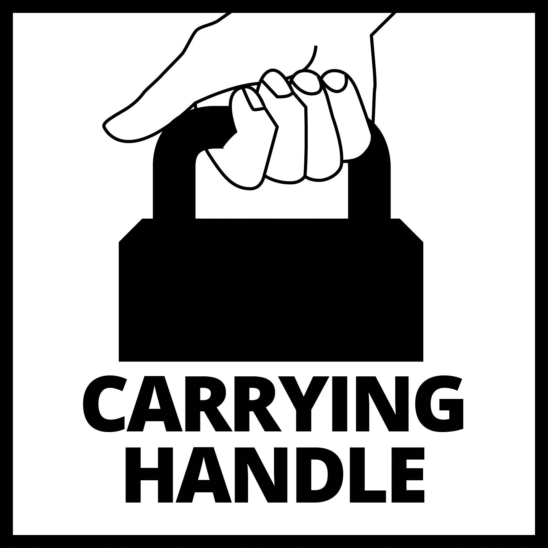 'Draagriem'-symbool met een hand die een handgreep vasthoudt, daaronder de tekst 'DRAAGGREEP'.
