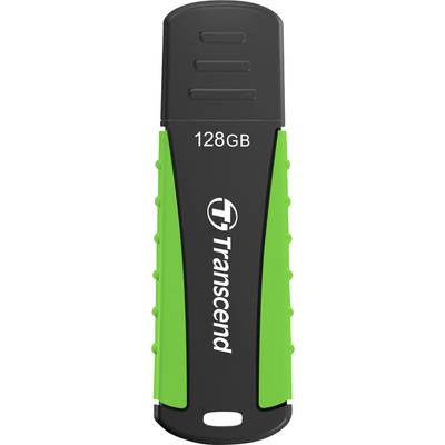 USB-stick met zwarte en groene behuizing, capaciteit 128 GB, merk 'Transcend'.