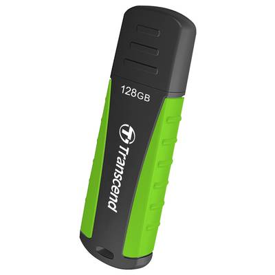 USB-stick met zwarte dop en groene behuizing, waarop 'Transcend 128GB' staat.