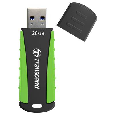 Een USB-stick met een groen-zwarte behuizing, 128 GB capaciteit, merk Transcend, naast een verwijderde zwarte beschermkap.