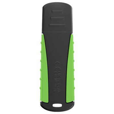 Een zwarte en groene USB-stick met een beschermende dop, tegen een witte achtergrond.