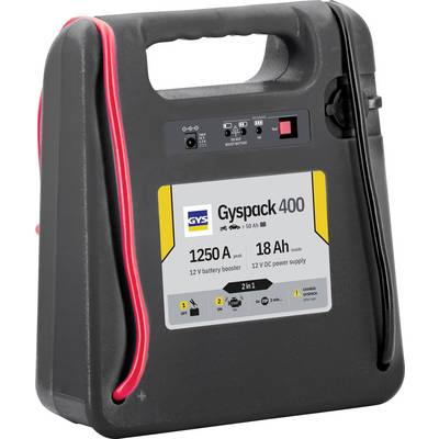 Draagbare zwarte acculader met label 'Gyspack 400' met handvat, rode afwerking, poorten en aan-uitschakelaar.
