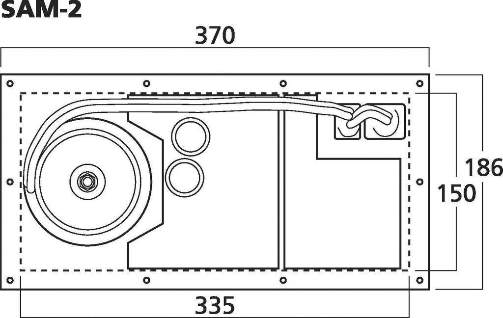 Technische tekening van een SAM-2-apparaat met afmetingen: totale breedte 370 mm, hoogte 186 mm; bevat details van de interne componenten.