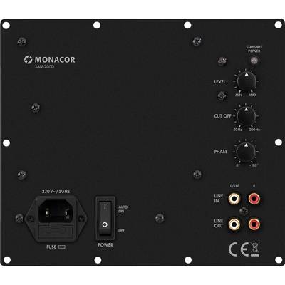 'Achterkant van een Monacor SAM-200D versterker met draaiknoppen voor volume, frequentie en fase, evenals aansluitingen voor Line In en stroomvoorziening.'
