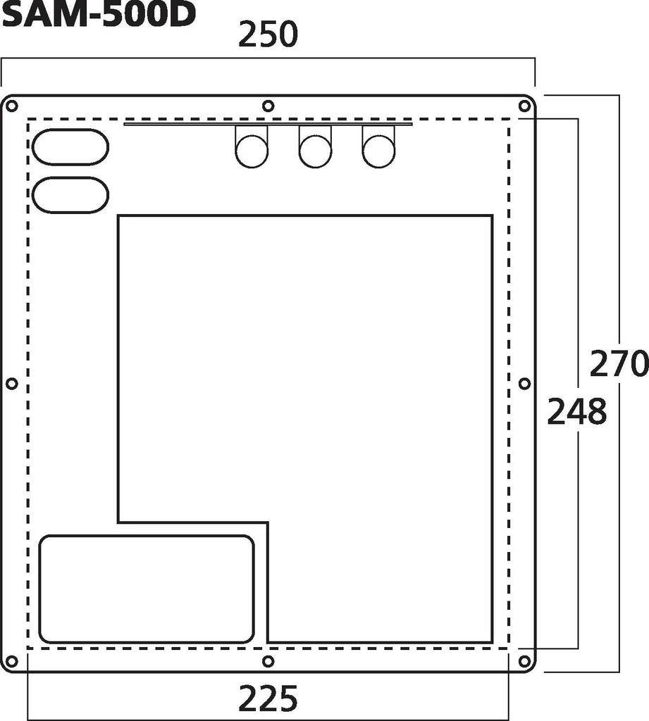 Diagram van een schakeling. Links bovenaan staat 'SAM-500D'. De afmetingen van de rechthoek zijn 250 mm breedte en 270 mm hoogte.