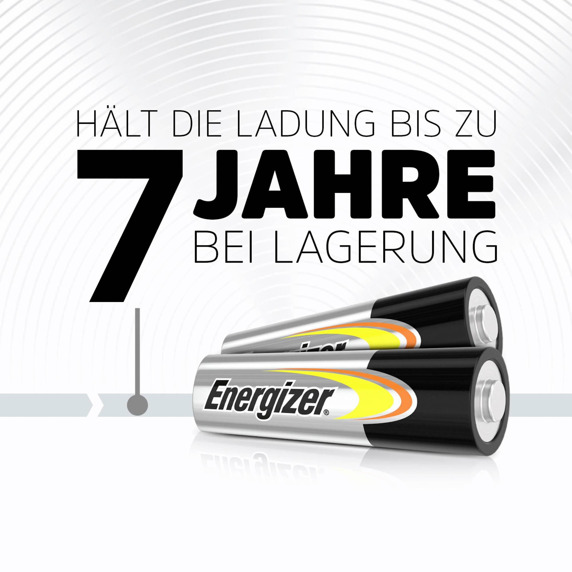 Twee Energizer-batterijen, liggend. Tekst: 'Behoudt de lading tot wel 7 jaar bij opslag'.