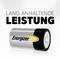 Energizer batterij met de tekst 'LANGE AANHOUDENDE PRESTATIE' op de achtergrond. Zilveren batterij met zwart-geel-rood logo.