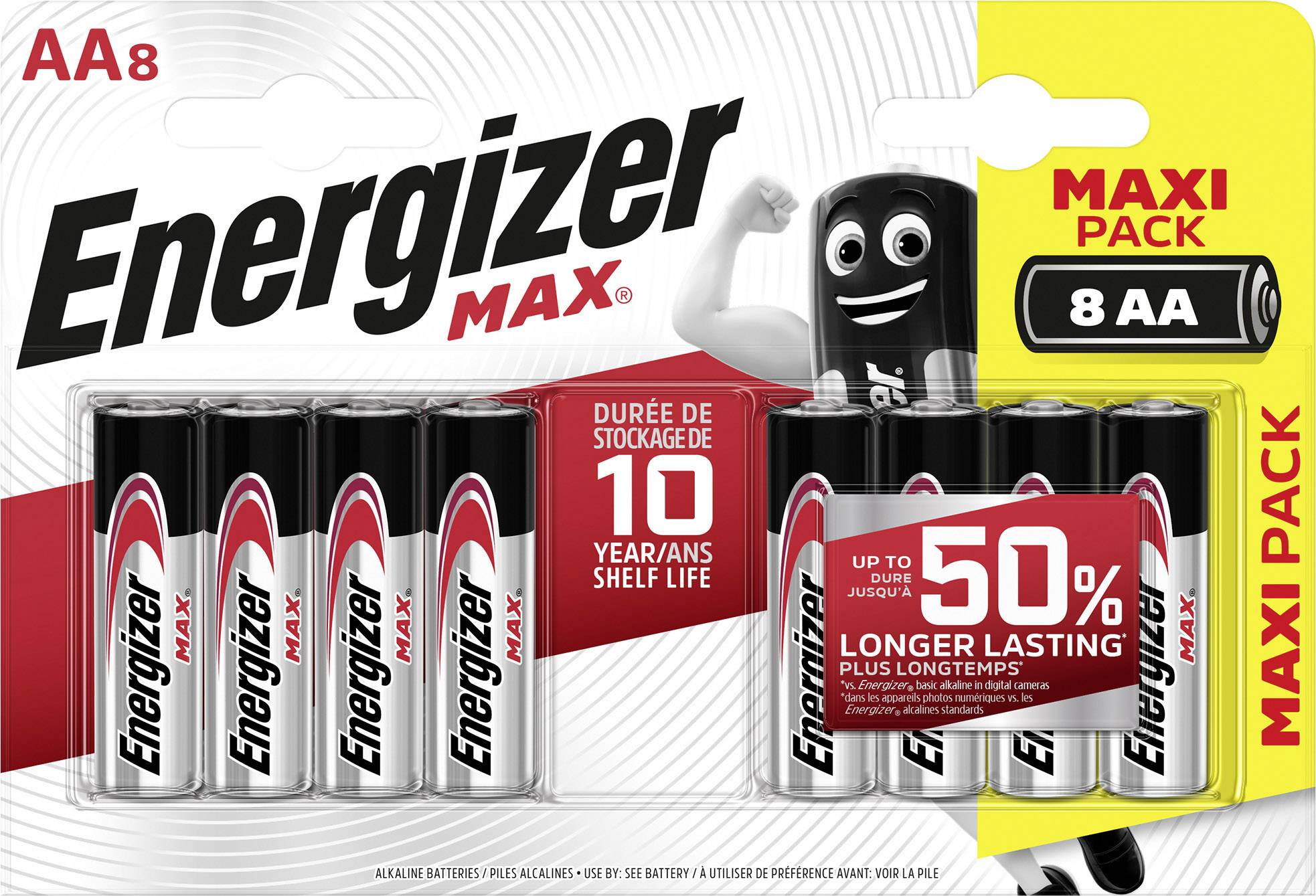 Acht AA-batterijen van Energizer Max in een geel en rood verpakking met de tekst '50% langer houdbaar'.