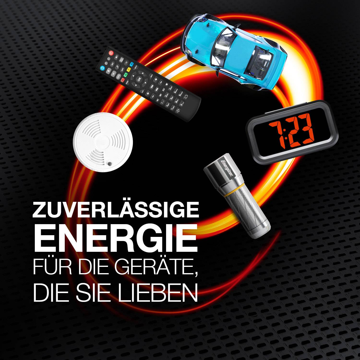 Een blauwe speelgoedauto, afstandsbediening, rookmelder, zaklamp en wekker omgeven door energiestrepen. Tekst: 'Betrouwbare energie voor de apparaten waar u van houdt'.
