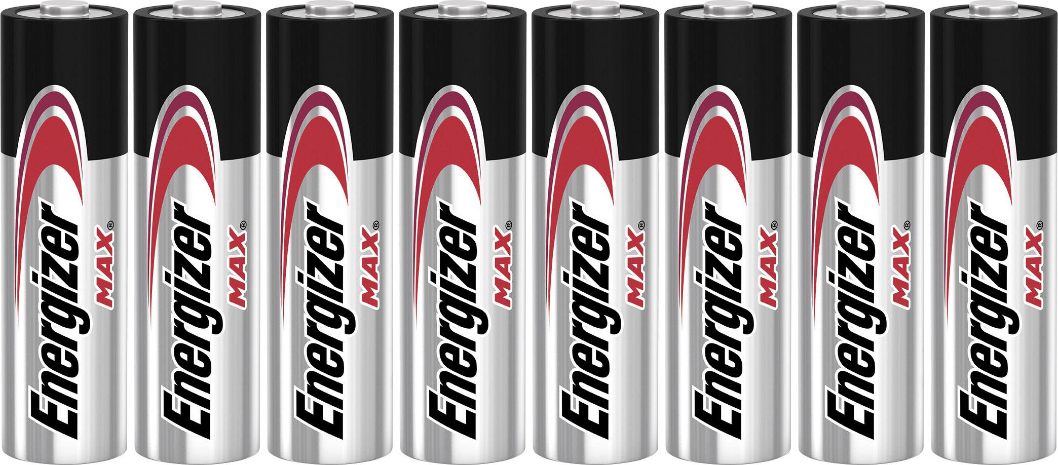 Acht AA-batterijen van het merk Energizer Max liggen naast elkaar uitgestald.