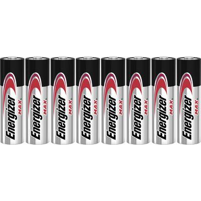 Acht AA-batterijen van het merk Energizer Max liggen naast elkaar uitgestald.
