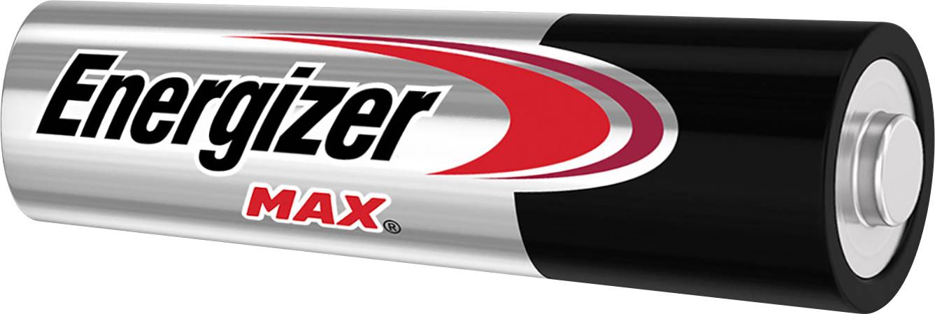 Batterij met 'Energizer MAX'-logo in zwart, zilver en rood.