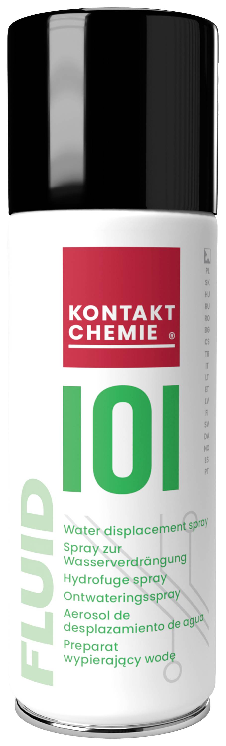 Een spuitbus met een zwarte dop en een rood etiket waarop 'Kontakt Chemie 101 Fluid' staat. De container bevat een waterverdringend spray.