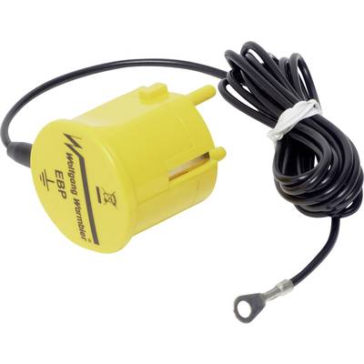 Gele EBP-adapter van Wolfgang Warmbier met aardingskabel en kabellusje, zijaanzicht voor elektrostatische ontlading.
