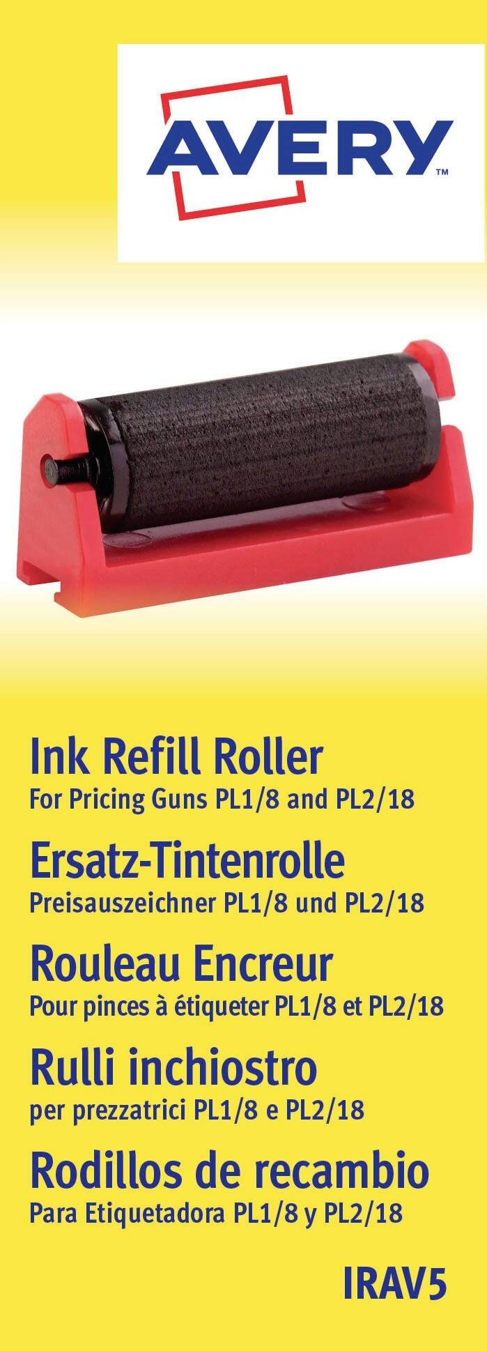 Avery inktherstellingsrol voor prijspistolen PL1/8 en PL2/18, weergegeven met rood rolerapparaat op een geel pakket in meerdere talen.