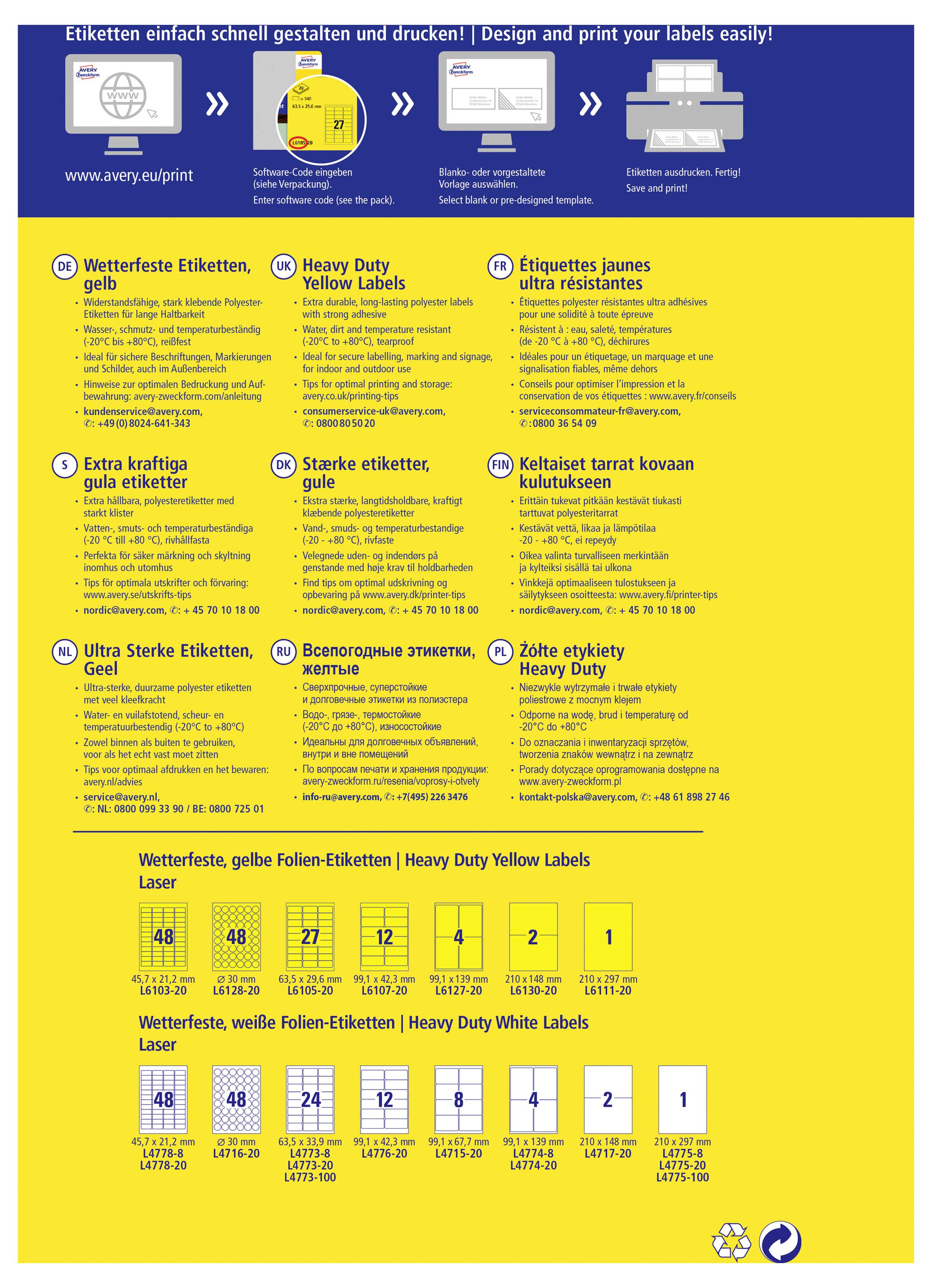 Gele flyer met reclame voor aangepast etikettendrukken en bestellen in meerdere talen, met pictogrammen, productonderwerpen en voorbeeldetiketformaten onderaan weergegeven.