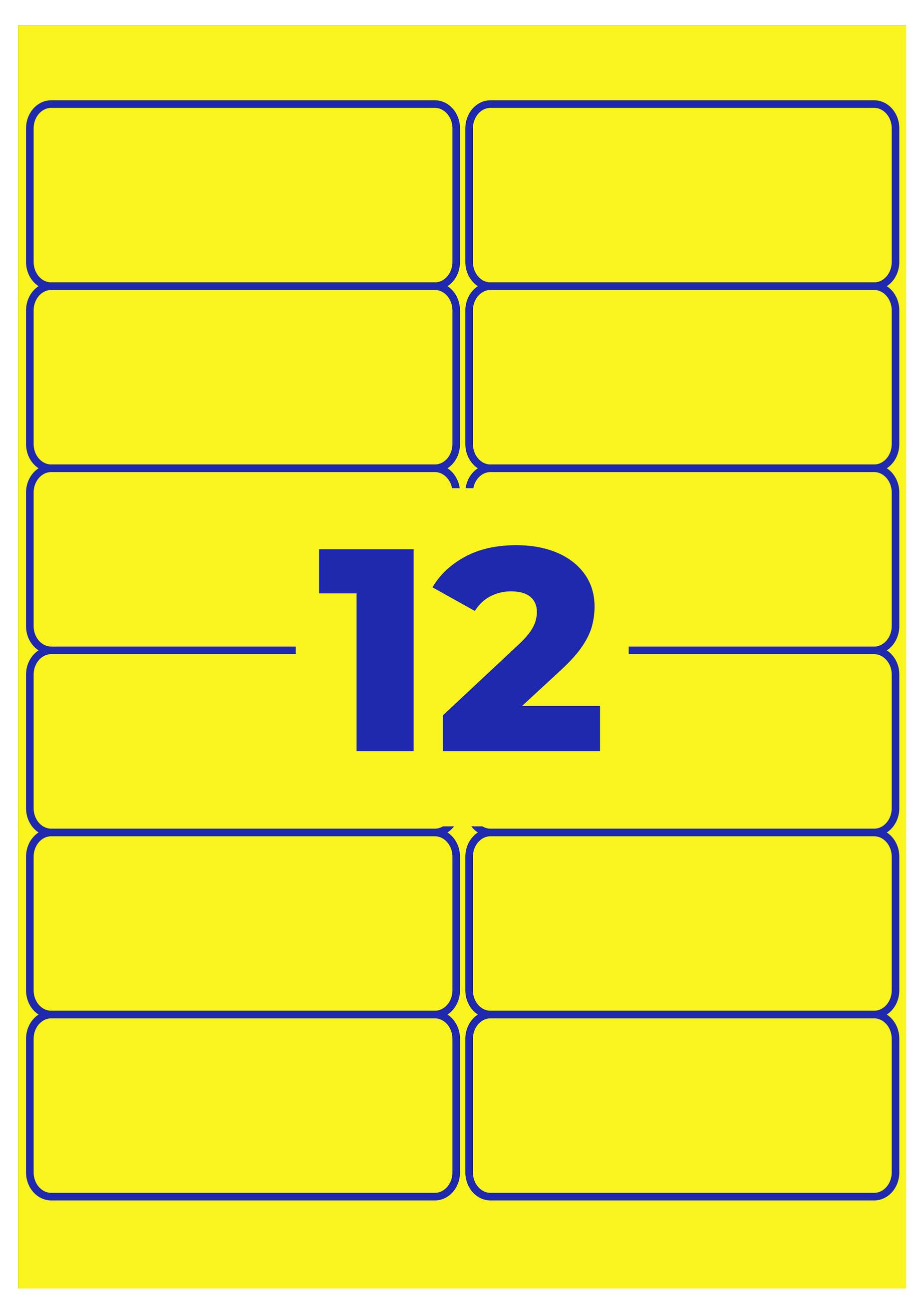 Geel etikettenblad met blauwe randen voor 12 rechthoekige velden; in het midden staat groot het getal '12'.