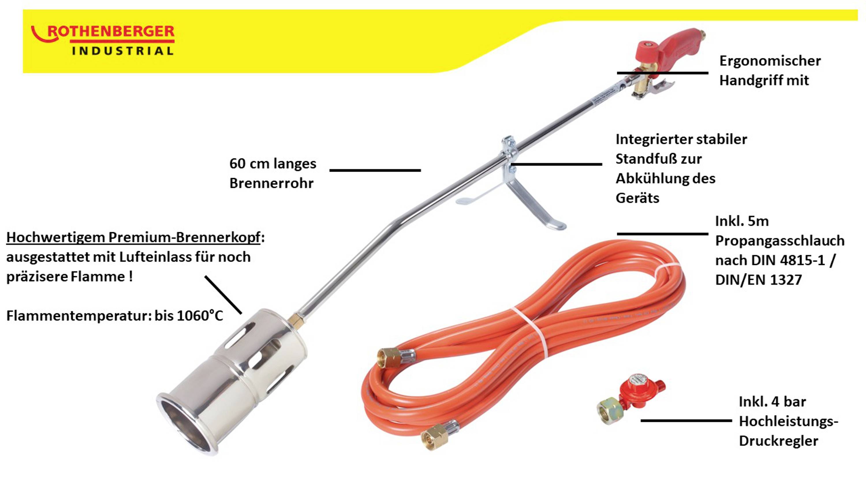 'Rothenberger Industrial' Brandersset. Bevat 60 cm branderbuis, ergonomische handgreep, propaangasslang van 5 m, en drukregelaar.