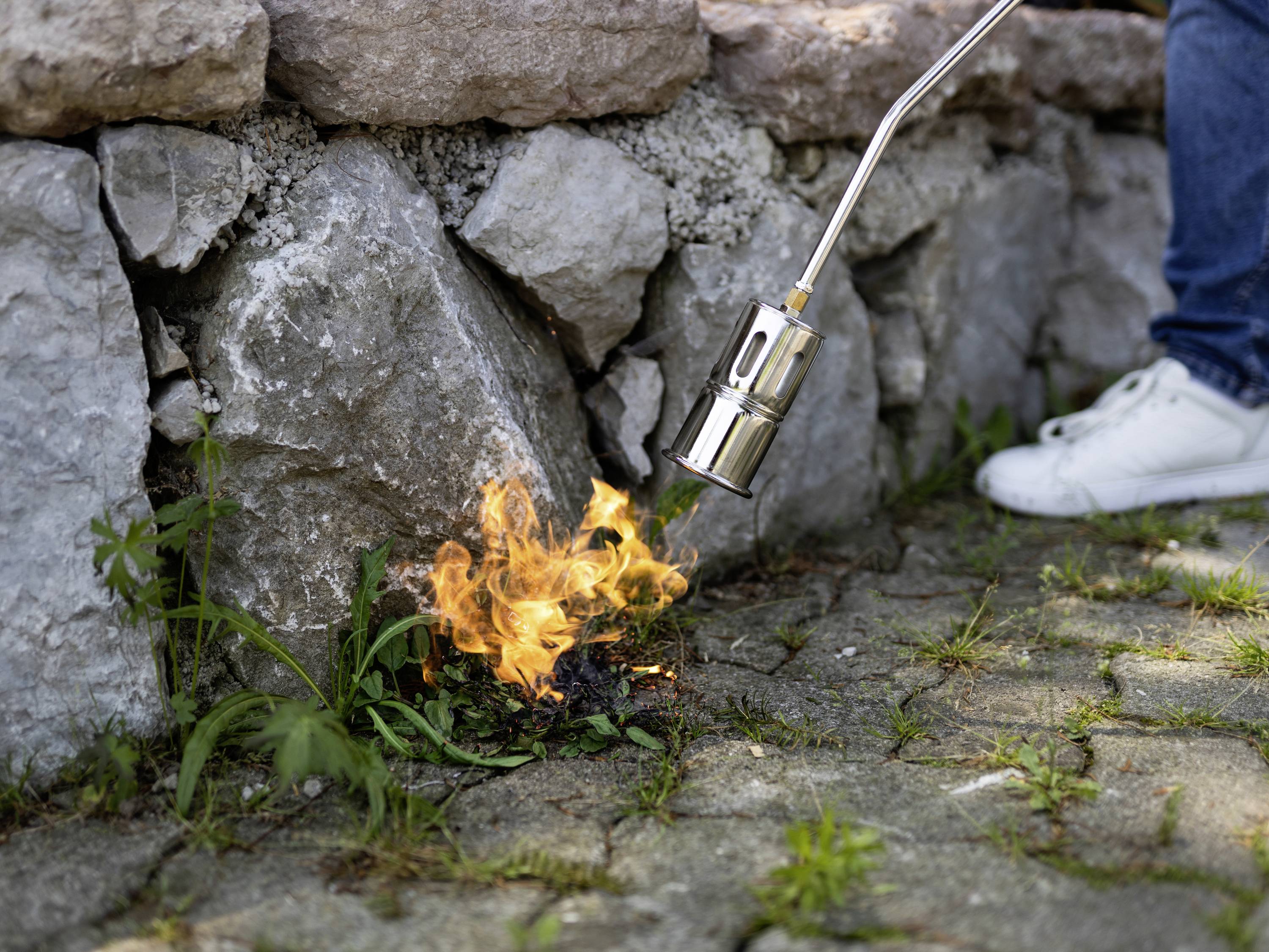 Een persoon gebruikt een brander om onkruid op een stoeprand te verbranden. Kantstraatstenen en schoenen zijn zichtbaar op de achtergrond.