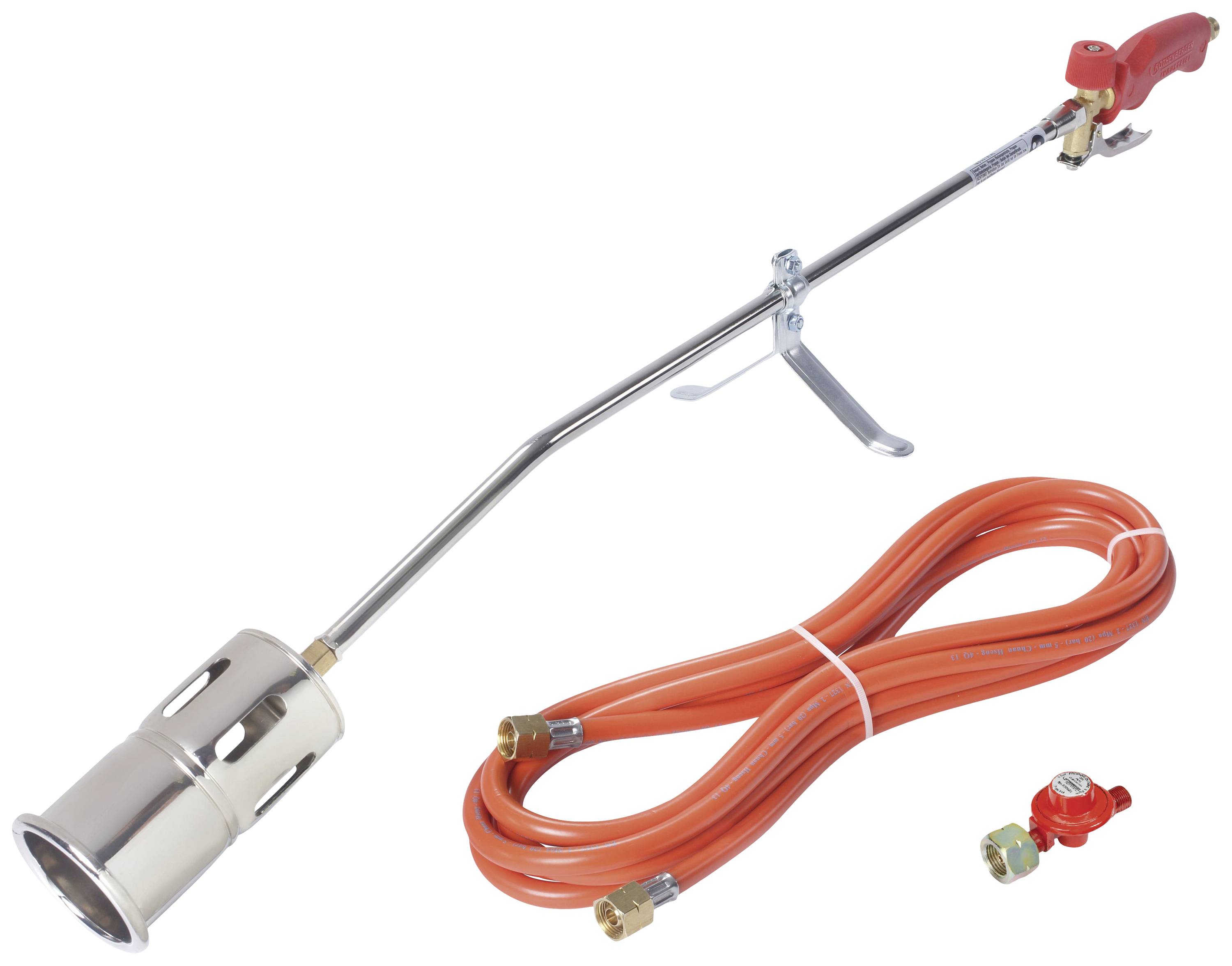 Onkruidbrander met lange metalen pijp, rode slang en instelventiel, voor het verwijderen van onkruid in tuinen of op paden.