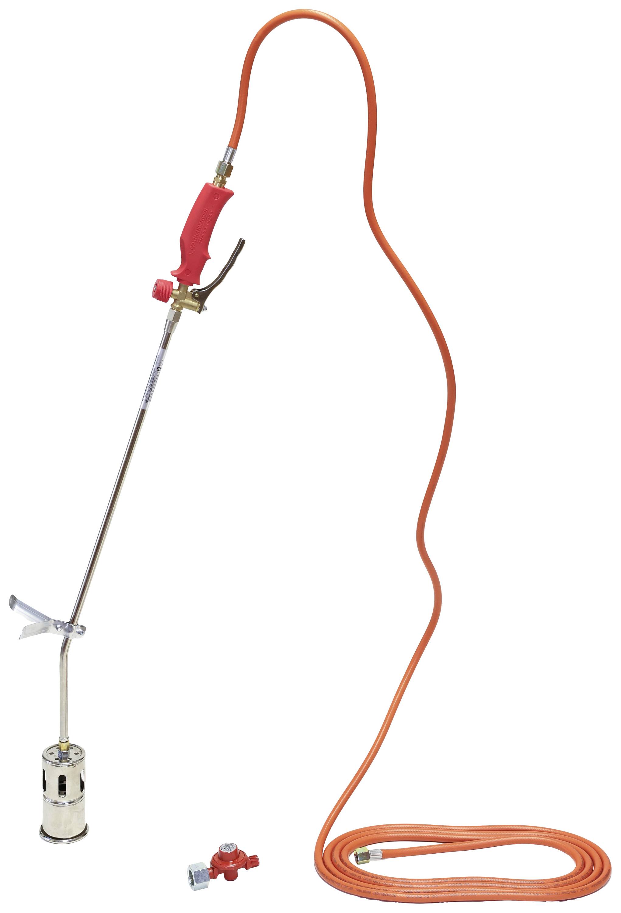 Onkruidbrander met lange steel en rode handgreep, lange slang en gasregeling, voor het verwijderen van onkruid door middel van vlammenhitte.