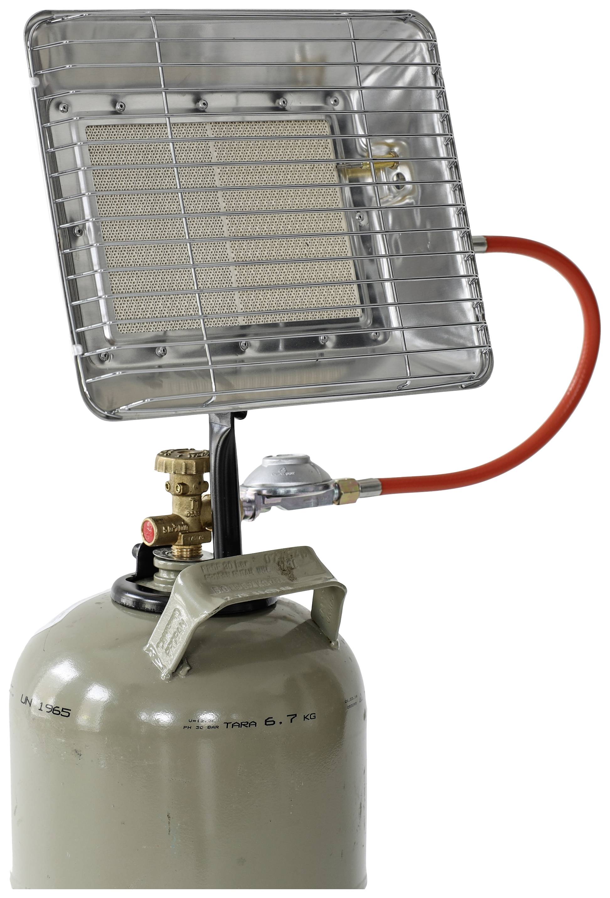 Een gasverwarming met metalen beschermrooster en rode slang, gemonteerd op een grijze gasfles. Geschikt voor buitenverwarming.
