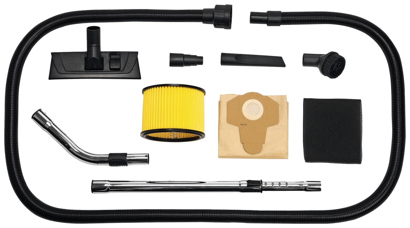 Accessoireset voor stofzuiger: slang, vloermondstuk, spleetmondstuk, borstel, zuigbuis, filter, stofzak en spons filter op witte achtergrond.