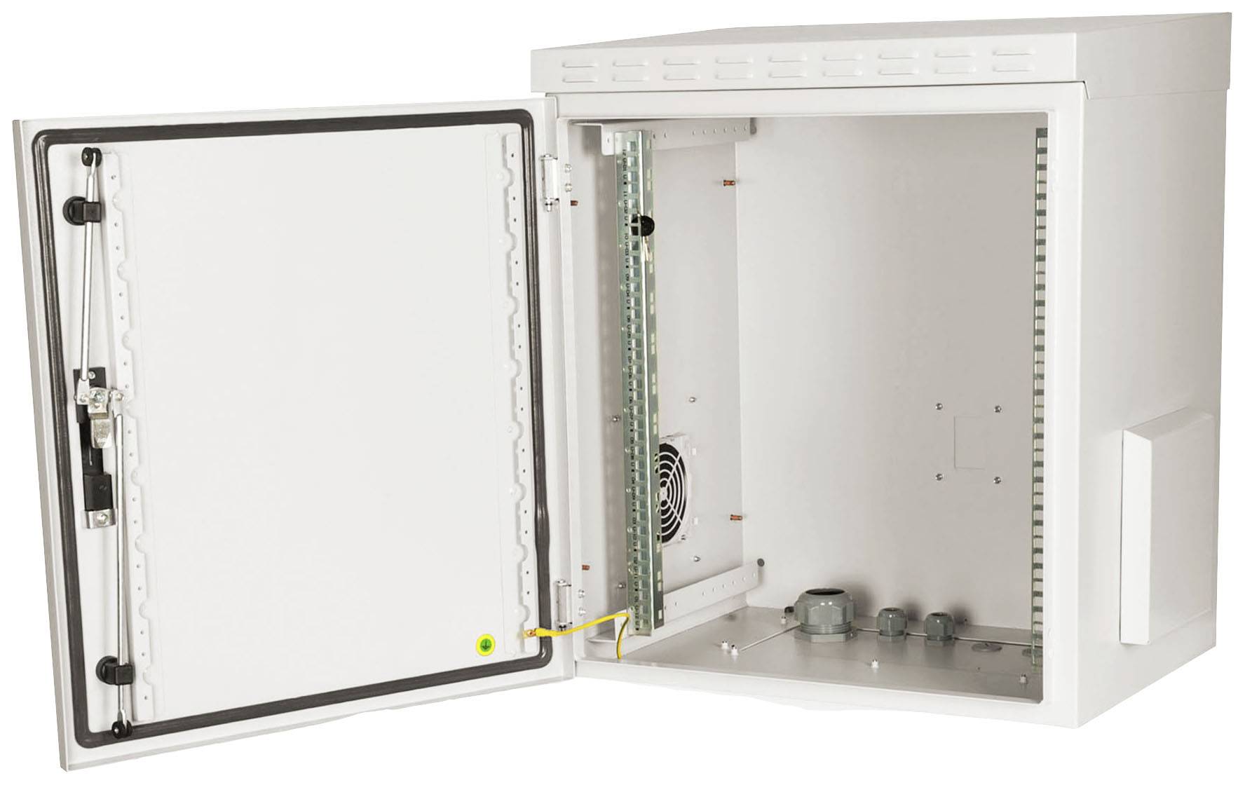 Een geopende witte kast met een leeg interieur, een metalen rail en een klein ventilatierooster aan de achterkant. Links is de deur zichtbaar.