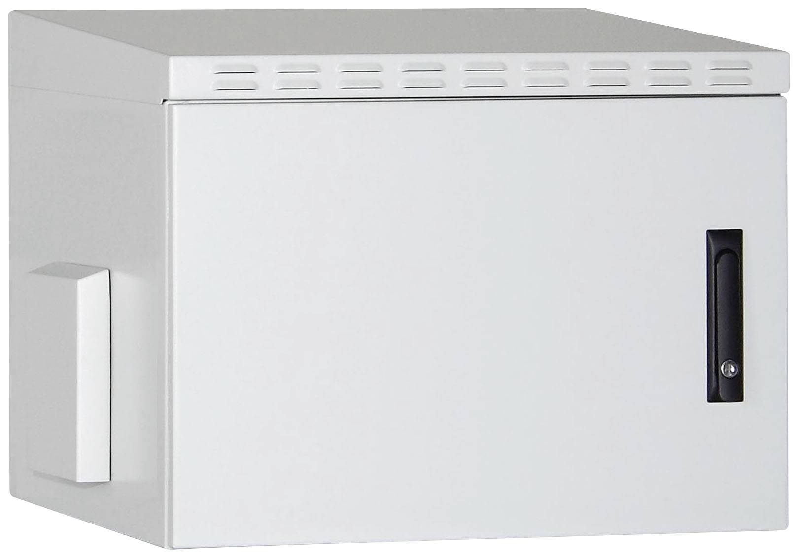 Metalen kast met ventilatiesleuven en een handgreep aan de rechterkant. Geschikt voor opslag of bescherming van elektrische apparaten.