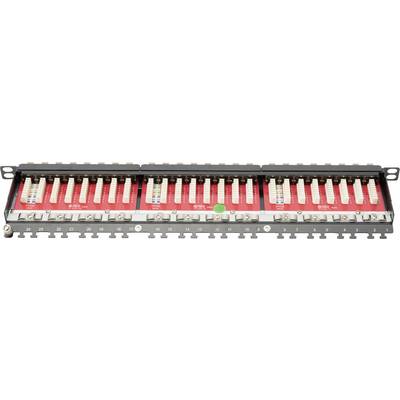 Patchpanel met meerdere aansluitingen en rood gemarkeerde labels. Gebruikt voor het organiseren van netwerkverbindingen in serverruimtes.