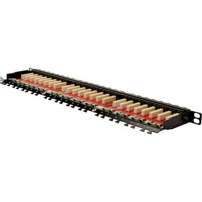 'Een patchpanel met meerdere RJ45-aansluitingen, die in een rij zijn gerangschikt, dient voor het verbinden en organiseren van netwerkkabels.'