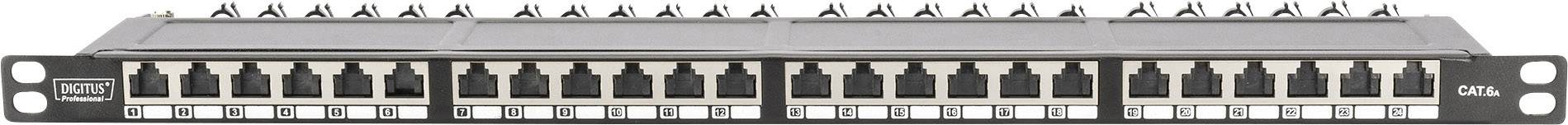 Een patchpanel met 24 netwerkaansluitingen in een rackmontageconfiguratie, voornamelijk bedoeld voor de organisatie en distributie van netwerkkabels.